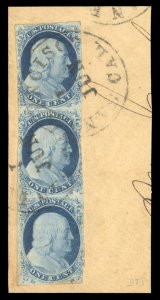 United States, 1851-57 #7 Cat$450, 1851 1c blue, type II, vertical strip of t...