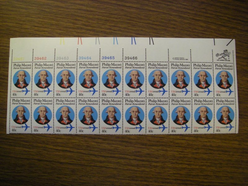 Scott C98, 40c Philip Mazzei, Top Plate strip of 20, UL, MNH Airmail Beauty