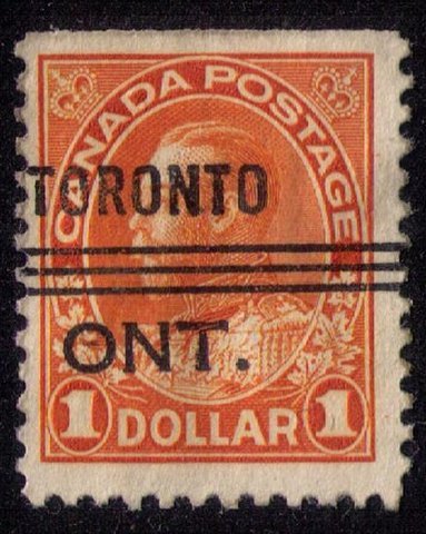 CANADA Sc #122 xx Rare Precancel KGV $1 ORANGE Toronto,Ont. F-VF