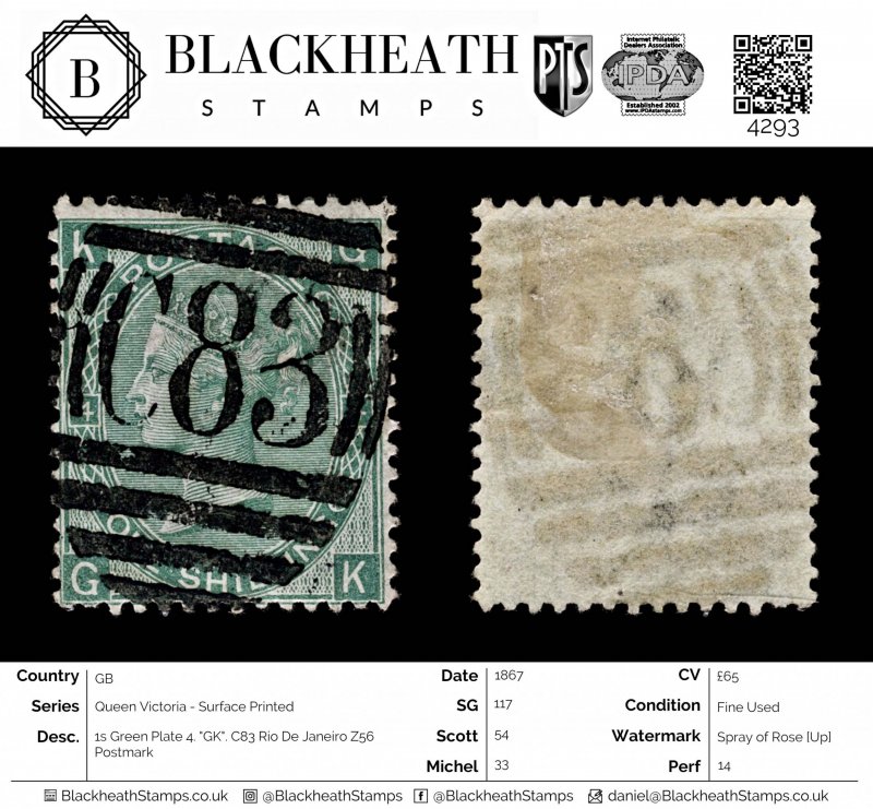 4293: GB SG117 1s Green Plate 4. GK. C83 Rio De Janeiro Z56 Postmark. 1867....