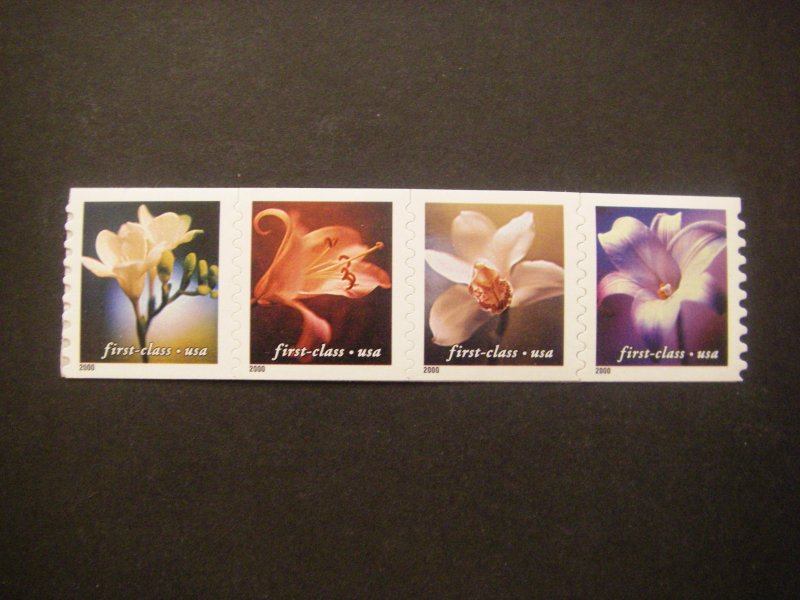 Scott 3462-5 or 3465a, 34c nondenom Flowers, Strip of 4, MNH Coil Beauties