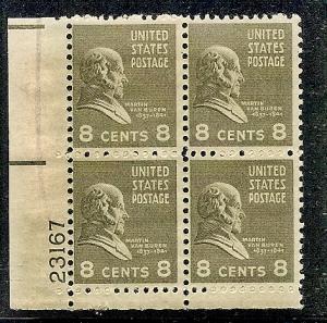 US  813 MNH 1938 8c ol green MARTIN VAN BUREN P# BLOCK