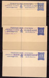 India Travancore Cochin Postal Card Independence Overprint 7 Diff. unused  a733