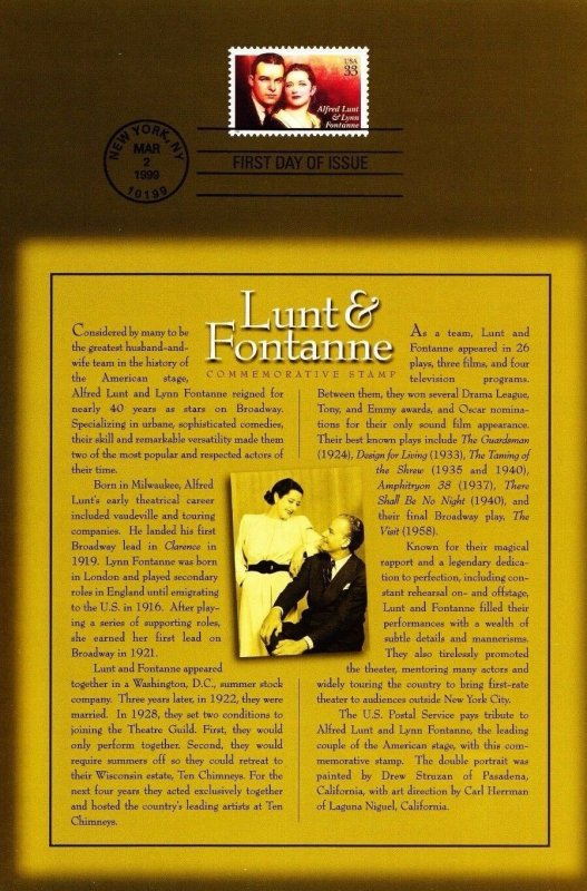 USPS FDC Ceremony Program #3287 Lunt & Fontanne Actors Broadway Stars 1999