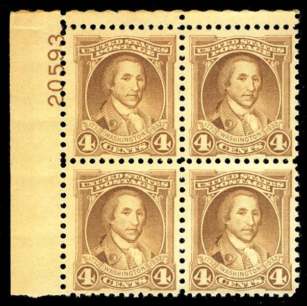 US #709 Plate Block, VF mint never hinged, Plate Block, 4c Washington, Super ...