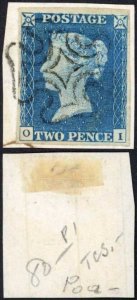 1840 2d Blue (OI) Plate 1 SUPERB 4 Margin on Piece Scottish (large centre) Cross