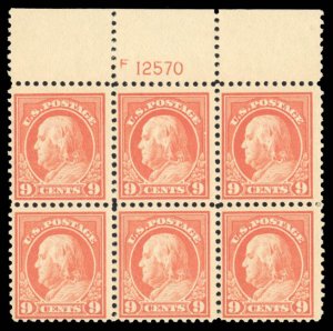 United States, 1910-30 #509 Cat$250, 1917 9c salmon red, top margin plate blo...