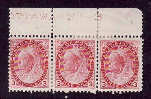 Canada-Sc#78-unused , og , hinged  3c Numeral strip of 3 with inscription Ottaw