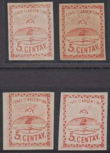 ARGENTINA 1860 CONFEDERATION Sc 4 & 4f FOUR SINGLES SHADES MINT/UNUSED SCV$479++ 