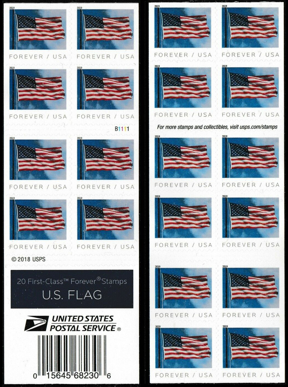 USPS FOREVER First Class Postage Stamps, U.S. Flag, Booklet of 20 Stamps