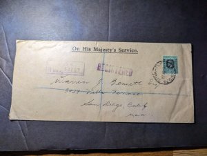 1938 Registered British Fiji OHMS Cover Suva to San Diego CA USA