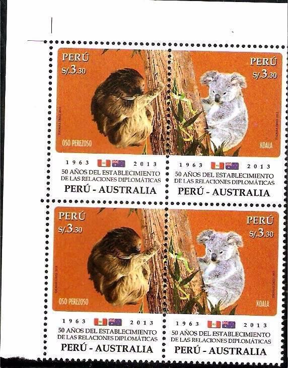 PERU 2013, AUSTRALIA DIPLOMATIC REL FAUNA KOALA BLx4 YV 1996-7 MNH