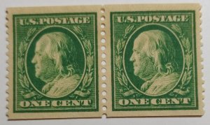 Scott Stamp# 387 Pair -1910 1¢ Franklin,  Green, Perf. 12 MHR, OG. SCV $500.00