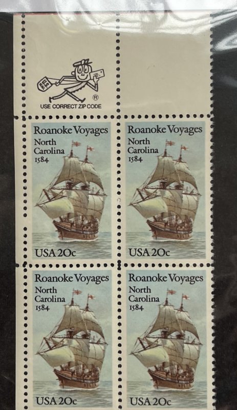 US 1984 Roanoke Voyages 2093 Zip Block of 4 MNH OG