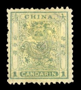 China 13, $85, 1888 1c green, hinge remnant