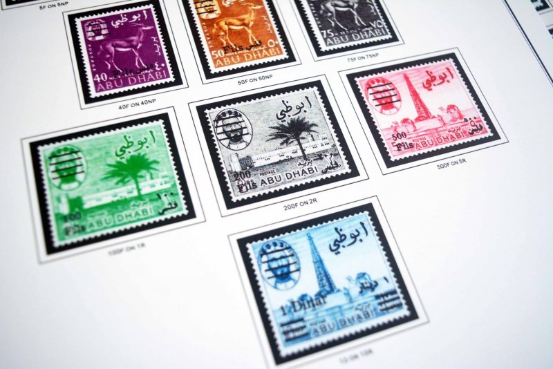 COLOR PRINTED ABU DHABI 1964-1972 STAMP ALBUM PAGES (9 illustrated pages)