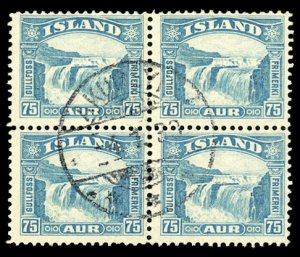 Iceland #175 Cat$160, 1932 75a greenish blue, block of four, used