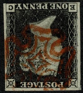 GB 1d Black. Plate 1b EC. WATERMARK INVERTED red Maltese Cross cancellation