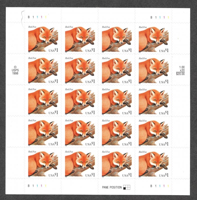 3036 MNH $1 Red Fox, Full Sheet,  Free Insured Shipping,