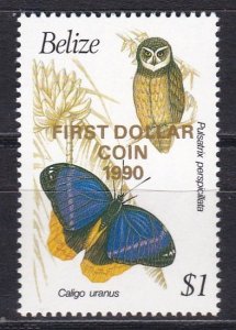 Belize, Fauna, Birds, Butterflies, overpr. First Dollar Coin MNH / 1990