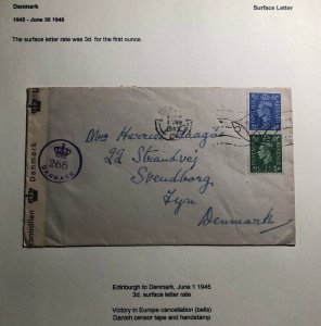 1945 Edinburgh Scotland England Censored Cover To Lyn Denmark Victory Cancel