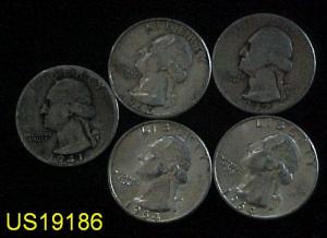 Five different circulated silver WASHINGTON QUARTERS