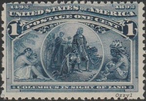 US #230 1893 1c Dk Blue Columbus in Sight of Land MINT-OG-NH.