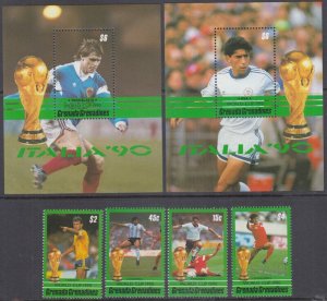 GRENADA GRENADINES Sc #1210-5 CPL MNH SET 4 + S/S - 1990 WORLD CUP SOCCER