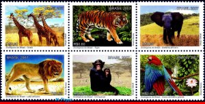 3029 BRAZIL 2007 ZOO, ELEPHANT, GIRAFFE, LION, BIRDS, PARROT, MONKEY, SET MNH