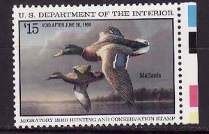 USA-Sc#RW62- id8-unused NH $15 Duck stamp-Birds-Mallards-1995-