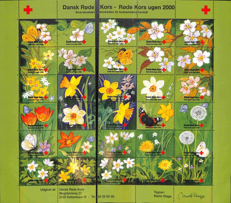 Denmark Danmark Red Cross Poster stamps seals 2000 flowers and butterflies