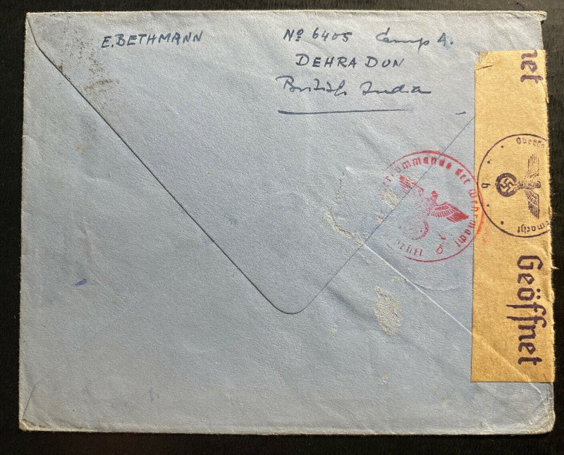 1940s Dehra Dun India POW Internment Camp #4 Cover to Stambergersee Germany