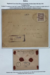 1929 Oruro Bolivia Registered Wax Seal Cover To Stockholm Sweden Via Argentina