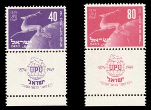 Israel #31-32 Cat$55, 1950 UPU, set of two with tabs, never hinged