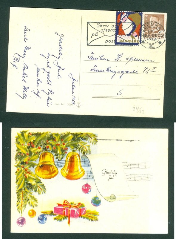 Denmark. Christmas Card 1958 With Seal + 20 Ore. Copenh. 24 Dec.Deco.Bells,Notes