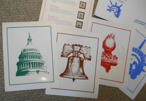 1986 Americana issues art prints 8.5 X 11 poster pages with mint stamps