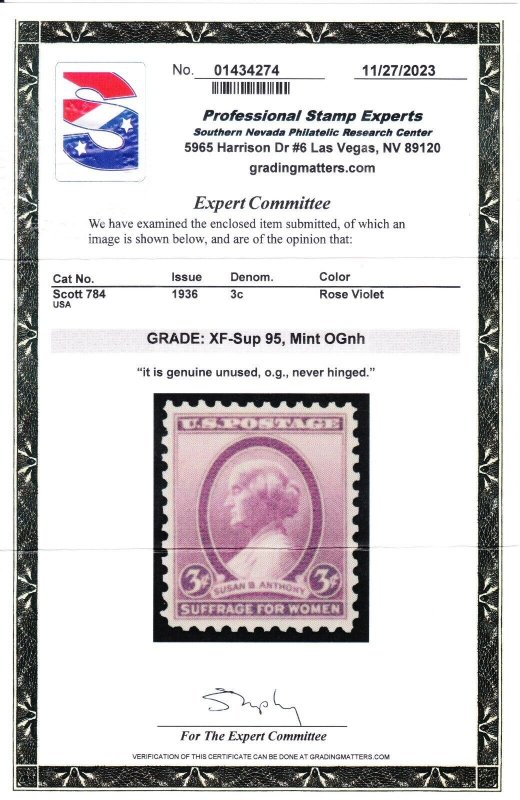 MOstamps - US #784 Mint OG NH Grade 95 with PSE Cert - Lot # MO-5013 SMQ $40