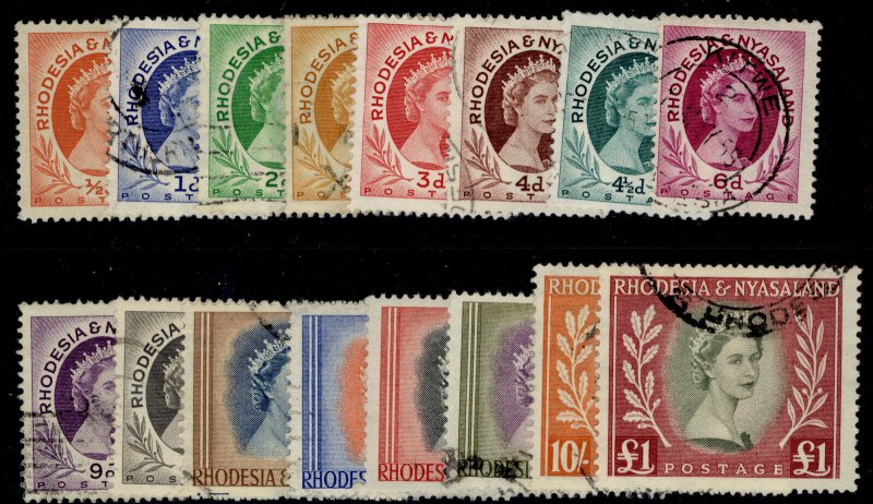 RHODESIA & NYASALAND QEII SG1-15, 1954-56 complete set, FINE USED. Cat £55.