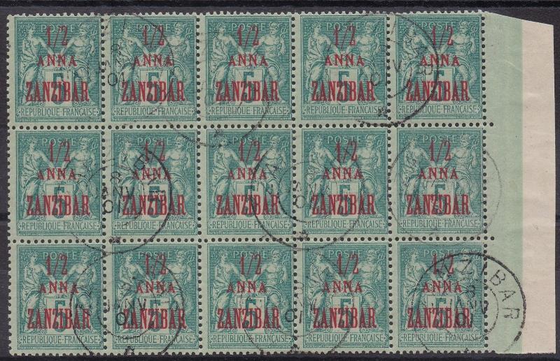 FRENCH ZANZIBAR 1896 PEACE & COMMERCE 1/2A ON 5C CTO BLOCK 