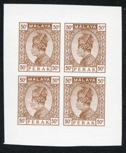 Perak 1935 50c Brown proof/colour trial Imperf Block on white card