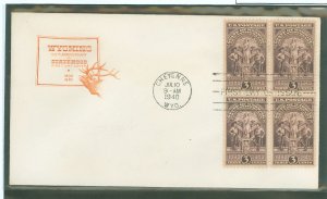 US 897 1940 3c 100th anniversary of Wyoming Statehood (block of four) on an unaddressed first day cover with a House of Farnum c