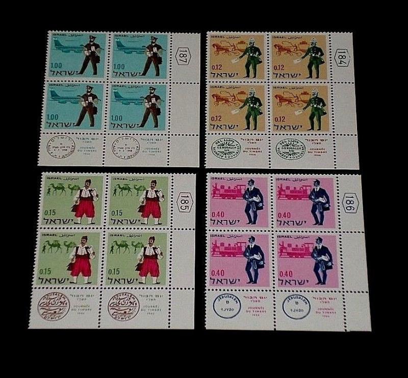  ISRAEL, #329-332, 1966, STAMP DAY, TAB BLOCKS OF 4, SET/4, MNH, NICE! LOOK!!