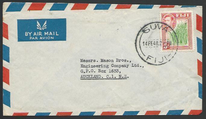 FIJI 1948 GVI 5d single franking cover ex Suva to NZ.......................25759