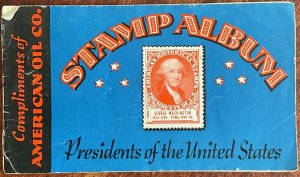 AMOCO 1936 “Stamp Album US Presidents” thru FDR Few missing NOT REAL STAMPS AB