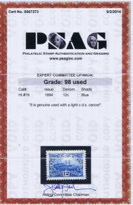 HAWAII HI#78 BLUE USED 12c REPUBLIC OF HAWAII, 1894, PSAG CERT, GRADED 98!! WOW