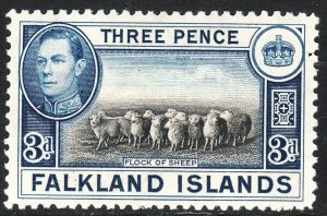 1938-46 Falkland Island KGVI portrait type 3 pence MLH Sc# 87A CV $5.50 Stk #1