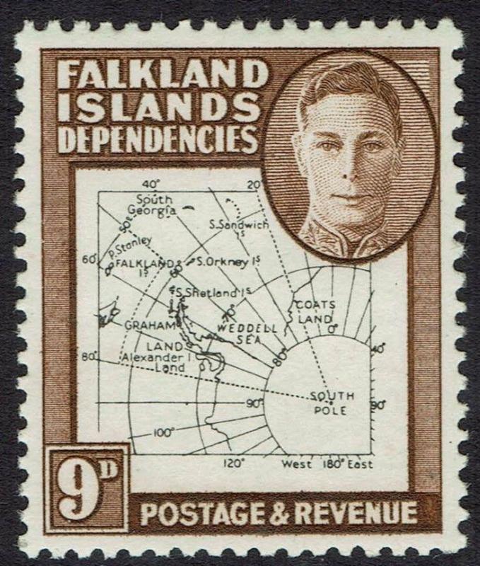 FALKLAND ISLANDS DEPENDENCIES 1946 KGVI MAP 9D MNH ** THIN MAP