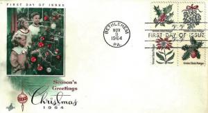 U.S. 1964 SE TENANT CHRISTMAS Block 4 Scott #1254 57 on an ArtCraft FDC Cache...