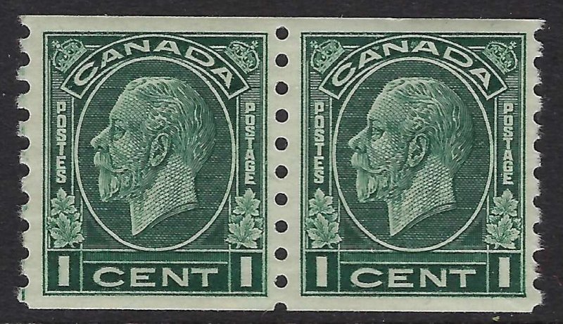 Scott 205 - 1c Dark Green 1933 King George V Medallion coil pair, VF-XF-NH