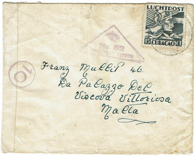 Curacao 1940 Aruba cancel on cover to MALTA, via Switzerland, Malta censor